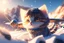 Placeholder: cute chibi anime frightened cat, crashed airplane in the snowy mountains in sunshine, ethereal, cinematic postprocessing, bokeh, dof