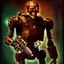 Placeholder: 90's TCG art retro fantasy art of rusted skeleton robot with laser gun