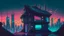 Placeholder: small german Cabin, In cyberpunk city-skyline, comic style