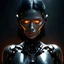 Placeholder: Futuristic female cyborg with a combination of biological and mechanical features, glowing bright orange eyes, detailed cybernetic skin with visible circuits and wires, smoky elements around the head, slightly smiling facial expression, dark hair with a metallic sheen, in a fantastic and somewhat ominous style, dark background.