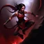 Placeholder: a beautiful tiefling woman with dark hair in a sleeveless battle outfit, floating in the air over a dark chasm, photo quality, dark red colors