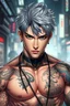 Placeholder: 3d detailed anime attraktive young korean male character with elaborate detailed warrior tattooed . The character’s muscular build, some ring jewelry, dark silver hair, dark eyes, young korean man with attractive masculine face, shados, pale light, cyber urban background