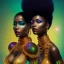 Placeholder: full body shot, masterpiece, best quality, family of three, black skinned, sparkling eyes, fluorescent skin, colorful makeup, hip hop , highly detailed body, afrofuturism, scifi, sun light, 4K, RAW, depth of field, high contrast, realistic details, 24mm