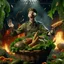 Placeholder: victory portrait of crazy cook army officer dunking vegetables in basket inside grove with fluffy hare with mutations getting blasted by exploding hare, 4 k, down-light, soft light, depth of field, photo realism, trending on art station, high detail, spray paint