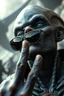 Placeholder: Alien wearing a dark sunglasses looking up , d&d character art masculine features, finger to you with his index hand , deep coal-gray skin, 8k, 3d cgi, unreal engine 6, high detail, intricate, cinematic battle background