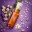 Placeholder: a small vial lies on a beautiful floral background top view, in the background there are beautiful spring flowers and a drop of cream, high-quality picture, top view