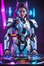 Placeholder: Realistic Gorgeous Photography beautiful European woman as cyborg DJ player with neons body full gundam robotic ,self expression playing DJ player turntable on stage music concert