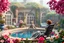 Placeholder: all scene is made of small colored cubes:a luxury villa yard with pool in center and pretty plants trees flowers, morning mist, lost paradise atmosphere,a pretty model lady in victorian clothing resting in a comfort far in villa yard in flowers .every thing and lady is made of small colored cubes as a pazzle