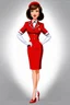 Placeholder: pin-up style realistic cartoon of 50 year old French brunette stewardess in short and tight, well-fitting red uniform dress with green eyes, very red lips and long eyelashes with shiny red very high heels, white long opera gloves