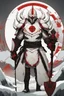 Placeholder: The character, depicted in a striking white armour against a wintry backdrop stands with his hands behind his back inside the scene, he has a red and black circular symbol on his chest like a shield, a black pointed spear with a red handle on his back, His eyes are showing a dynamic expression and he wears a black oni mask with white teeth covering the bottom part of his mouth he has brown shoulder pads and a white karate belt with a bag attached to it. He has dark brown hair. He has no helmet.