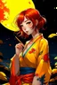 Placeholder: (Asian), short hair, fiery red hair hair, yukata, yellow clothes, 8k, best quality, winking, very dark night time, lighting from moon yellow moon, perfect, masterpiece