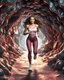 Placeholder: make a picture pretty cave made of crystal and metallic 3d fractal recursive cubic and sphere base structures and a beautiful fashion model lady with cute,curvy long hair,makeup, in pretty sports suit is running inside cave ,dynamic camera fallow her inside cave capturing full body, dynamic lights.