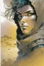 Placeholder: create an ink wash and watercolor, fine art print portrait illustration of a rugged gritty, roughly textured, hooded, black clad and dusty Fremen female mercenary with highly detailed feminine facial features, amidst the billowing desert storms of Arrakis, in the comic book art style of Bill Sienkiewicz, and Jean Giraud Moebius, finely textured, drawn, colored, and inked,