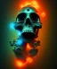 Placeholder: broken skull. black background. smoke and explode. particles in air. teal and orange. abstract. beksinski.