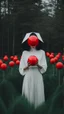 Placeholder: a no face woman with mask standing in a field holding red ball, inspired by Ren Hang, design milk, long black hair, whites, wanderers traveling from afar, trending on artisation, cloning spell, coat pleats, in twin peaks, submarine, by Helen Thomas Dranga, symetry, round-cropped, noire photo