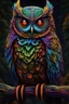 Placeholder: 3d rainbow flying owl, mystical, full image, with vivid detailed amazing eyes, brighr fractal colors, hyperdetailed, h.r. giger, egyptian, fantasy, Metaphorical Realism, electric feathered effect Abstract line art, deep cut 3D effect, in an enchanted forest