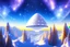 Placeholder: white spaceship ufo with light in the below. the landscape is a fairy colourfull forest with snow sweety mountains. the sky is blu with stars and brightness beam