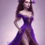 Placeholder: alluring very slim witch of darkness in tight purple wedding dress with very long brown hair and bangs