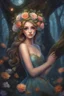 Placeholder: Painting of a beautiful girl, beautiful, haunted forest, flowers on her head, glitter dress, young girl, digital painting, fantasy art, pretty face, inspired by Thomas Kinkade, anime portrait, barbie face, big eyes, bright eyes, dream, trees, forest background, dark night, song, glitters background, fantasy, high quality, 8k