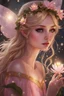 Placeholder: Blonde hair ,Pink dress,Sparkling fairy wings,Very long golden hair,Fairy crown,pointed ears,elven ears,fairy wings,water lilies,sparkling,glittering,flowers,blossoms,golden crown,light pink dress