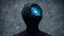 Placeholder: human figure made of black and gray colors cotton yarns visible only up to the shoulders , the yarns forming the head are half-disintegrated, from the head and behind the yarn in his head the ddeep blue universe with a few stars and one galaxy is visible, the background is gray and blurry office background, surreal image, detailed, sharp contrasts, realistic, cinematic, weird vibe
