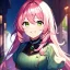 Placeholder: Girl, high quality, detailed, pink hair, green eyes, smiling