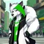 Placeholder: In anime, an anthropomorphic male character with white fur, white-and-green-haired, white-skinned, green-eyed, wolf ears, whiskers, a black hoodie, and black pants, is on the street in the massive capital.