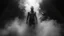 Placeholder: surreal vibe, grayscale, black and white, a caracter dissolving into shadows and fog, body torn into shards of light and darkness. A haunting, nightmare, composition that captures isolation, inner demons, struggle of anxiety. surreal, fog, shadows, atmospheric