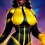 Placeholder: ultra detailed fullbody portrait of beautiful busty Black Queen Marvel Universe , wearing skintight Yellow costume, extremely detailed digital painting, intrincate, extremely detailed smiling face,crystal clear Big Blue eyes, in the style of Adam Hughes , mystical colors , perfectly centered image, perfect composition, rim light, beautiful lighting,8k, stunning scene, raytracing