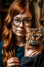 Placeholder: girl with ginger hair in a fringe with glasses and a septum piercing holding a tabby cat