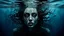 Placeholder: close up face shadow eyes, void, pain, hyper-realistic detail, floats in deep sea, Dark sea ten and in her hair, drils and shadow around, abyss, fog, Style crepy stunning, dark, surreal vibe underwater and meticulous detail clean pale skin and face. dark shadow and weird mood