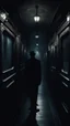 Placeholder: A dark shadow standing in a sleepless night inside a dark train in a delusional state haunted by ghostly images, paint it in the baroque style, as if the man is horrified