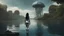 Placeholder: Detailed matte painting of a wide-angle shot of a woman, standing on the left side of the shot, with dark hair in a silver robotic catsuit, many large floating jellyfish with octopus tentacles, alien jungle trees in the distance, with an alien beach and lake, deep colour