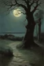 Placeholder: Night, tree leaves, moon, rocks, clouds, creepy gothic movies influence, horror, gustave caillebotte, alfred stevens, and anna boch impressionism paintings