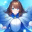 Placeholder: Clear focus, High resolution, A anime kid, cute, rough line skecth, star around kid, sparkling eyes, medium fluffy brown hair, blue sparkling eyes, 1girl (solo), wearing a blue snow cloak and a white shirt