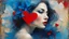 Placeholder: old painting, torn edges, blue, WOMAN, love, red heart, light, flower, double exposure, abstract surreal portrait, oil painting in impressionism, large strokes, airbrush effect, textured painting, antique style, vintage, semi-abstract, semi-realistic, surreal .