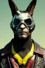 Placeholder: Medium Close Up Portrait, Front image. cyberpunk, rabbit mask, spanish man, white short hair. leather, titanium suit. Yellow, black, red, color. Mad max style. Color background, photo studio. Avatar image, highly detailed, concept art, smooth, unreal engine 5, god rays, ray tracing, RTX, lumen lighting, ultra detail, volumetric lighting, 3d, finely drawn, high definition, high resolution.