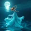 Placeholder: Fantasy illustration of a gorgeous sea nymph dancing alone in the ocean, the water itself rising and wrapping around her hips as a flowing transparent maxi skirt made of liquid, shimmering waves draping elegantly to the surface. Her movement makes the water-skirt swirl and billow like silk. Bioluminescent glow, ethereal atmosphere, moonlight reflecting on wet fabric-like water, magical realism, intricate details, artstation trending, soft pastel and teal color palette.