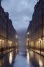 Placeholder: London street at night, many houses, wet ground, pole with round light