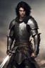 Placeholder: young man warrior with black hair and hazel eyes, dressed as an epic warrior armor carrying a sword and a dagger