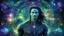 Placeholder: beautiful gorgeous young man na'vi with long hair, Avatar, blue skin, two small ears, green eyes, black hair, in cosmic suit, galactic ambiance, medium pointy goatee , smiling, nebulas and sacred geometry light figures on the backgroud,