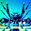 Placeholder: close up of a large hairy blue spider smiling and playing chess, photorealistic, blender render, wide angle lens, 4k, two birds, jungle,