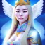 Placeholder: portrait of a beautiful mongolian woman with an angel face smiling,long blond hair, blue eyes, pink and blue dress, jewels, soft light aura