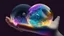 Placeholder: Chrystal ball to look into the future, hands around the ball, smoke appearing inside the ball, pink, dark blue, orange, yellow, aqua blue, very detailed and realistic