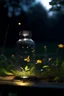 Placeholder: fireflies flying out of a bottle in a garden in the morning