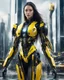 Placeholder: length image full body photo realistic high details beautiful woman long hair with body mechanical bLack and yellow inspired design by bumble bee transformer robot sense of luxury technology future, futuristic city background