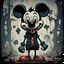 Placeholder: Creepy and sinister looking Micky Mouse, digital comic book illutstration by Gary baseman and billy butcher, ominous art, grunge colour aesthetic, hyper detailed