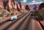 Placeholder: A Tesla 'Semi' (semi truck) is going at a high speed, in the 'Grand Canyon National Park'. (CINEMATIC, WIDE ANGLE LENS, PHOTO REAL)