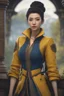 Placeholder: beautiful female, asian, pale skin, dark hair, high bun with Fauxhawk hairstyle, detailed dark eyes, yellow jacket, wearing backpack, baggy blue pants, fantasy setting, medieval, year 1800, 8k, 3d cgi, unreal engine 6, high detail, intricate, cinematic background, facing viewer