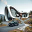 Placeholder: Photo of a futuristic cabin with a building shape inspired by the infinity symbol in plan and the x cross in elevation. Glass facades are interspersed between the curved walls, which become steps to climb to the roof, where there is a terrace. There is a driveway with a luxury jeep parked that is on the same elevation plane as the roof, with a path leading down to the building on the side of the hill. It has a biomimetic design, carbon neutral and zero energy. There are hikers in the distance an